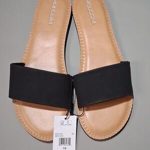 Volcom Black Tan Slide Sandals Single Strap Flat Shoes Size 10
